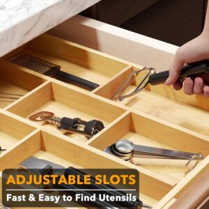 Bamboo Utensil Drawer Organizer with Labels, Kitchen Silverware Expandable Tray Holder Organizer for Flatware, Cutlery, Spoon and Knives Drawer Storage Organization