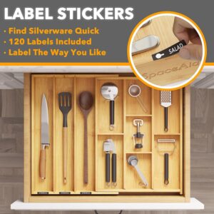 Bamboo Utensil Drawer Organizer with Labels, Kitchen Silverware Expandable Tray Holder Organizer for Flatware, Cutlery, Spoon and Knives Drawer Storage Organization