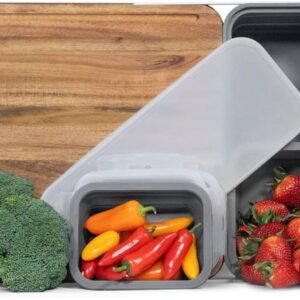 EASY AND FAST: Streamlines your food prep by placing strainers, catches and containers on the end of the cutting board. BPA FREE: Containers are constructed out of BPA-free Food Grade Silicone. HANDS-FREE STRAINING: Strainers nest into the end of the board for cleaning or straining directly into the sink or catch — hands-free! STRENGTH AND DURABILITY: The Acacia Tidy Board can hold up to 9 lbs of food in its container while hanging off the counter.